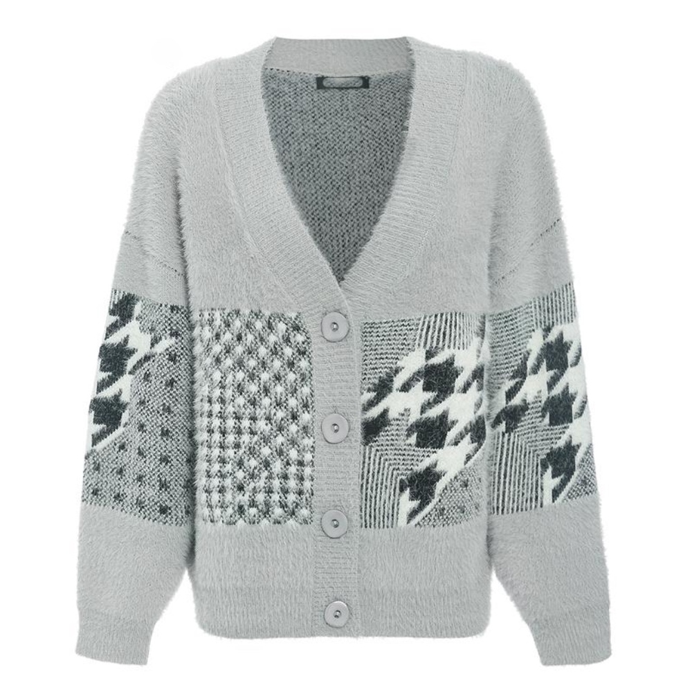 Grey Fuzzy Houndstooth Button Up Cardigan - Picture 4 of 7